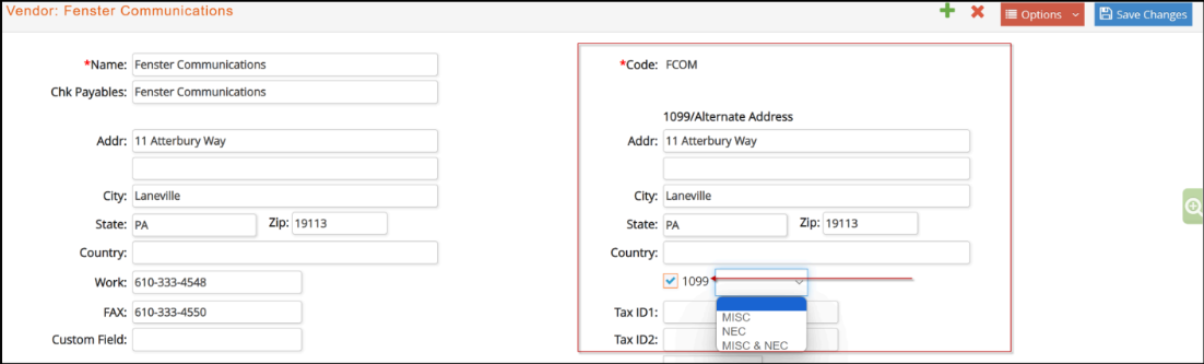 Please Note: The Vendor’s legal name will be printed instead of the vendor name if the ‘Legal Name’ field is completed under ‘More Info’ for the specific vendor. To verify, go to Options and select More info as shown below.